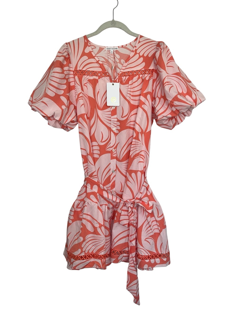 Mary Square Addison Sail Away Coral Puff Sleeve Mini Dress L Coastal Preppy NWT - Picture 3 of 12